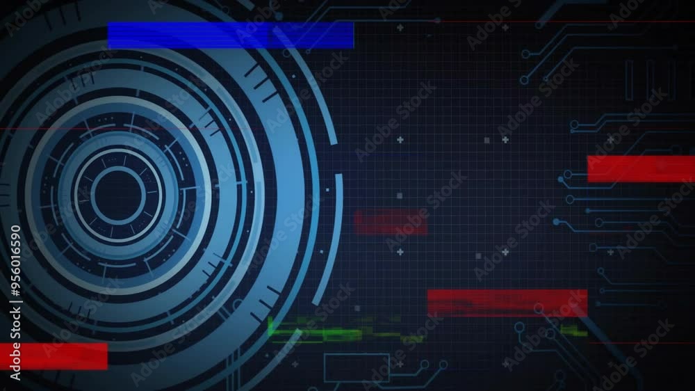 Futuristic circular interface and data processing animation over digital grid background