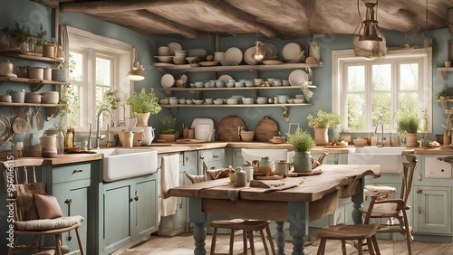 Cottagecore kitchen interior design, rustic kitchen filled with charm and nostalgia, anchored by a large, weathered wooden table, surrounded by mismatched chairs, each with a handmade cushion photo