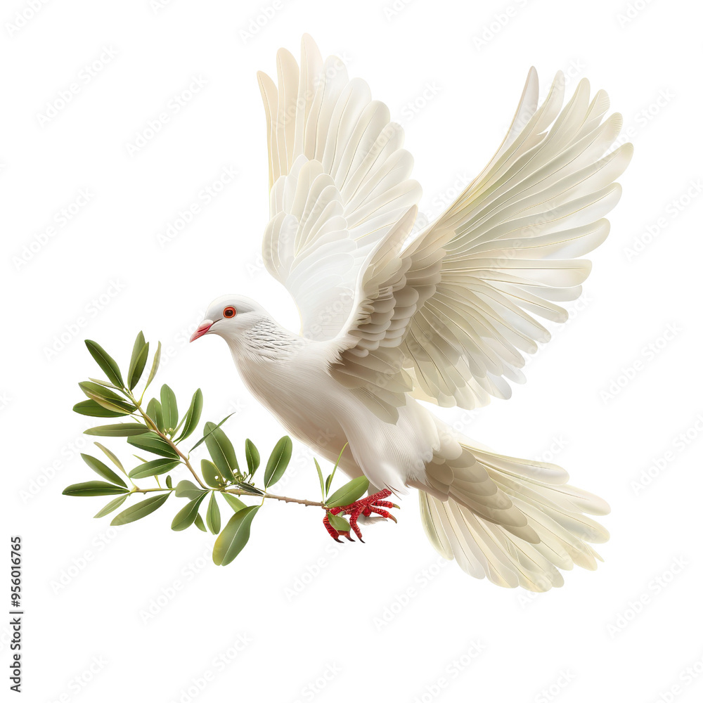 Fototapeta premium A white dove in flight carrying an olive branch, symbolizing peace and tranquility in a beautifully illustrated image.