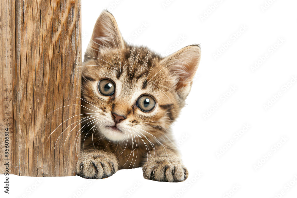 Obraz premium Adorable tabby kitten peeking from behind a wooden post. Perfect for pet lovers and animal-themed projects.