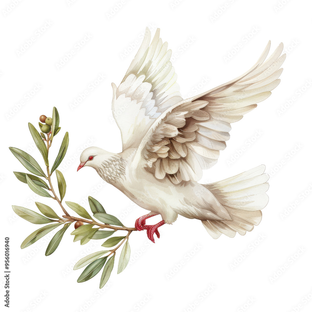 Obraz premium Beautiful illustration of a white dove carrying an olive branch, symbolizing peace and harmony. Perfect for designs and print materials.