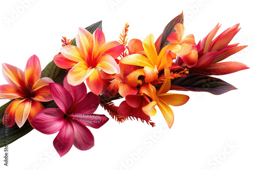 Vibrant tropical flowers in vivid colors, perfect for designs adding a splash of nature's beauty and exotic elegance. Isolated on white background.