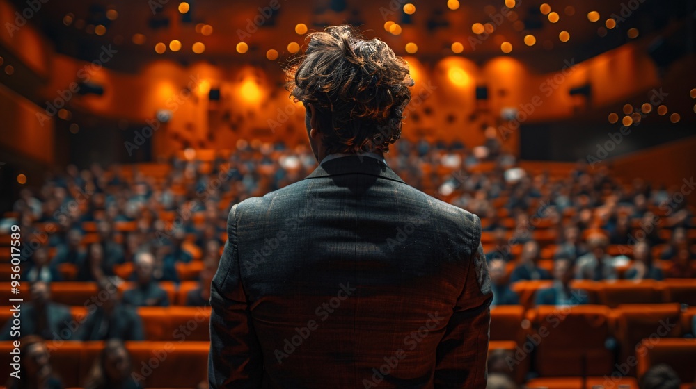 Fototapeta premium A man in a business suit stands confidently on stage