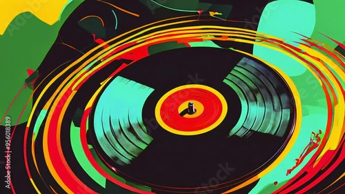 Close-up of a vinyl record with vibrant abstract colors.