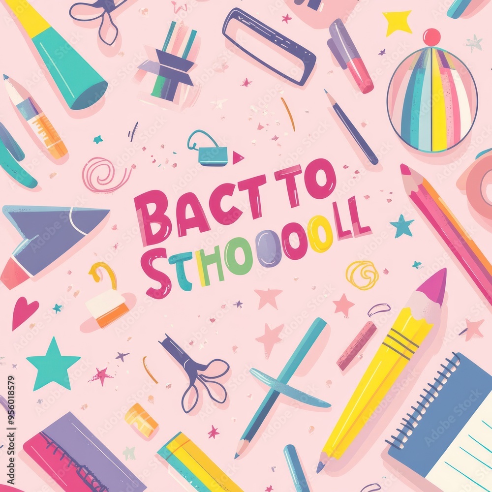 Colorful Back to School Illustration with Supplies and Stars