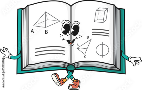 Cartoon groovy textbook school character. Back to school educational personage. Isolated vector geometry retro book in 60s, 70s funky style, cheerfully flashing wide welcoming smile and open pages