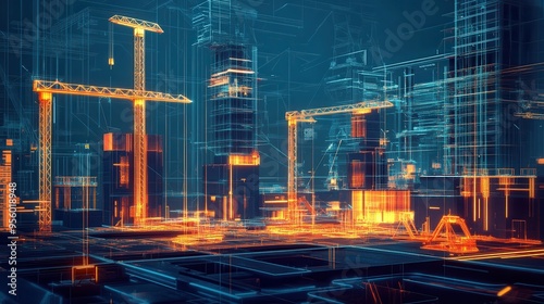 Futuristic Construction Site with Laser Assembled Buildings and High-Tech Design Elements