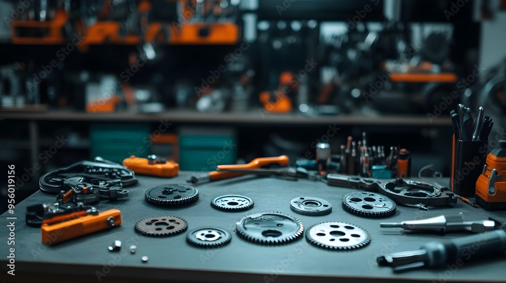 Meticulously Arranged Motorcycle Clutch Plates on Workbench with Bright Lighting Meticulously Arranged Motorcycle Clutch Plates on Workbench with Bright Lighting