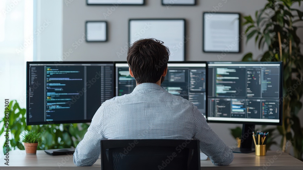 A programmer focused on coding with multiple monitors, showcasing a modern workspace filled with technology and greenery. A programmer focused on coding with multiple monitors, showcasing a modern workspace filled with technology and greenery.