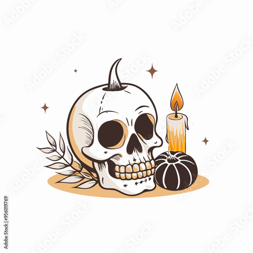 Spooky Skull with Candle and Pumpkin in Sepia Tones Representing Halloween