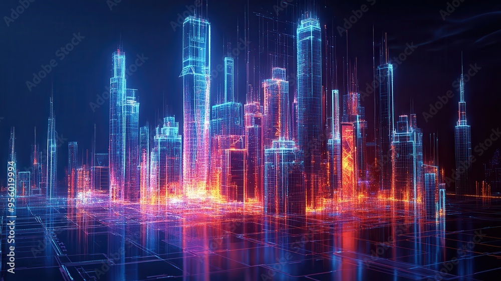 Digital Cityscape: 3D Printers Crafting Futuristic Metropolis with Holographic Elements in Cool Tones Digital Cityscape: 3D Printers Crafting Futuristic Metropolis with Holographic Elements in Cool Tones