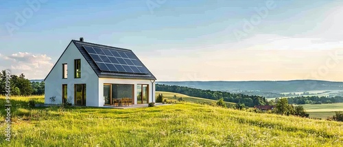 A modern solar-powered home surrounded by a green landscape