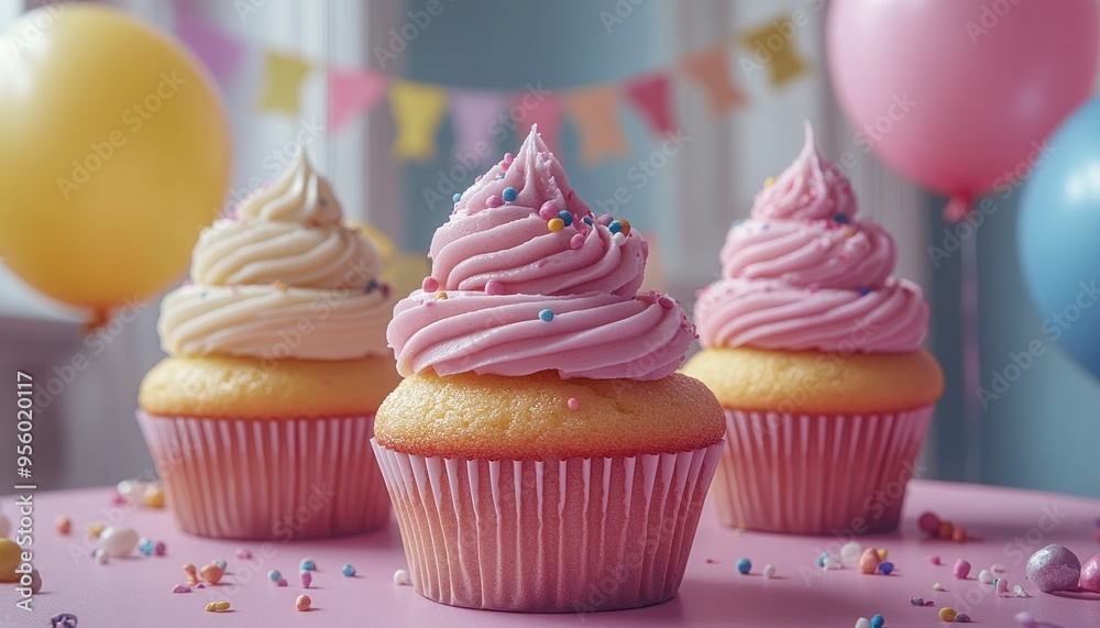 Cupcakes with pink and white frosting. Perfect for birthday parties and celebrations. Cupcakes with pink and white frosting. Perfect for birthday parties and celebrations.