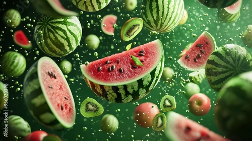 Watermelons and apples are flying in the air on a green bg photo