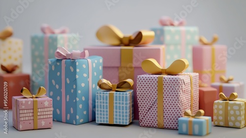 3h Gift Boxes Gift Bags Stacked Together, No Shadows, Simple Illustration, High Resolution, High Detail, Ultra Realistic photo