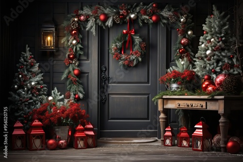 The anthracite-colored front door is decorated for Christmas.