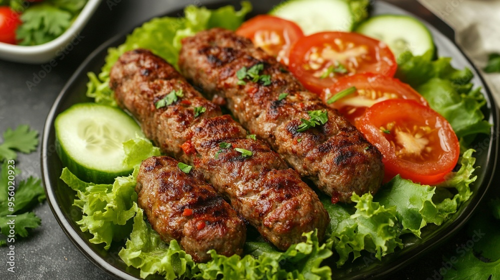 Spicy chapli kebabs served on a bed of lettuce with slices of tomatoes and cucumbers. Spicy chapli kebabs served on a bed of lettuce with slices of tomatoes and cucumbers.