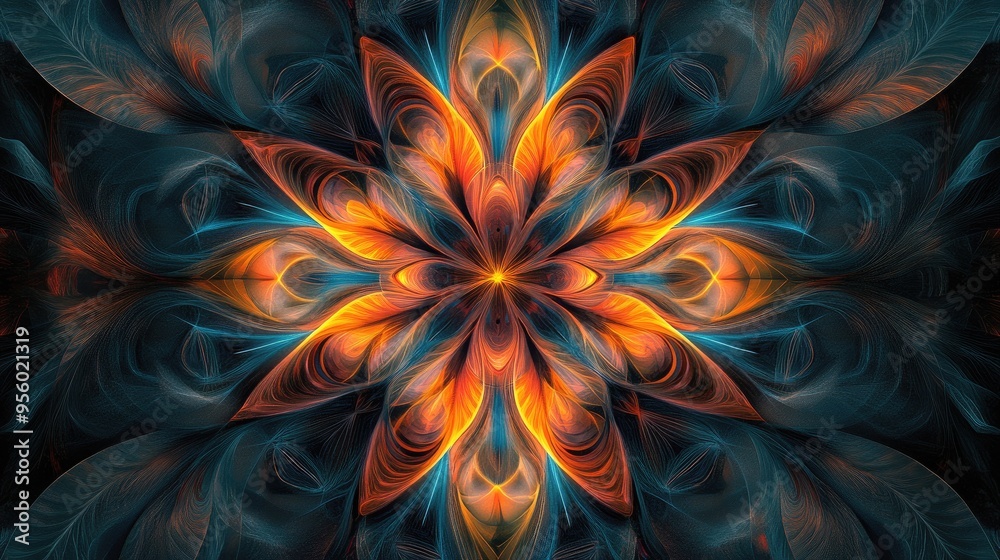 Symmetrical kaleidoscopic flower designs in a line art style featuring intricate fractal patterns ideal for a captivating computer generated backdrop Symmetrical kaleidoscopic flower designs in a line art style featuring intricate fractal patterns ideal for a captivating computer generated backdrop