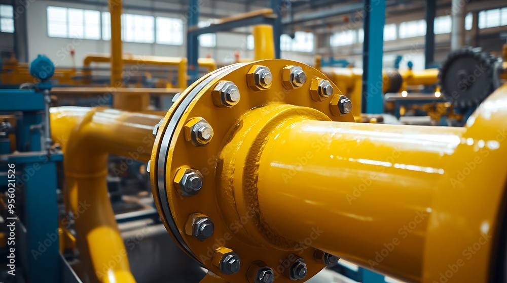 Close-up of a yellow pipe with bolts and nuts in an industrial setting. Close-up of a yellow pipe with bolts and nuts in an industrial setting.