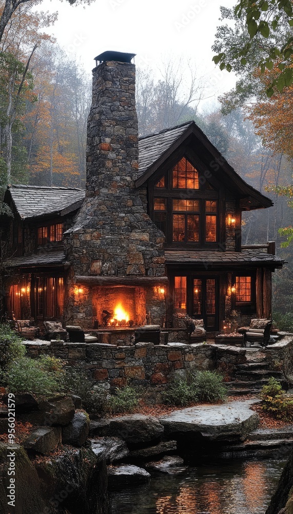 Obraz premium Stone cabin with a fireplace, glowing with warm light. Perfect for projects about cozy, rustic homes in the woods.