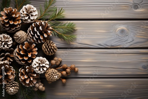 Dark gray wooden background with fir branches and pine cones with space for writing.