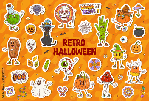 Halloween stickers with retro cartoon groovy monsters or funny spooky characters, vector icons. Halloween holiday stickers, groovy funky pumpkin or happy zombie hand and coffin with witch magic potion