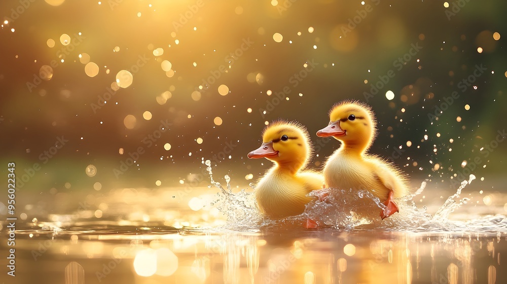 Playful Ducklings Splashing in a Serene Pond with Glimmering Sunlight Playful Ducklings Splashing in a Serene Pond with Glimmering Sunlight