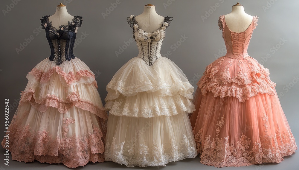 Three elegant ball gowns on mannequins. Perfect for fashion, design, and wedding photography. Three elegant ball gowns on mannequins. Perfect for fashion, design, and wedding photography.
