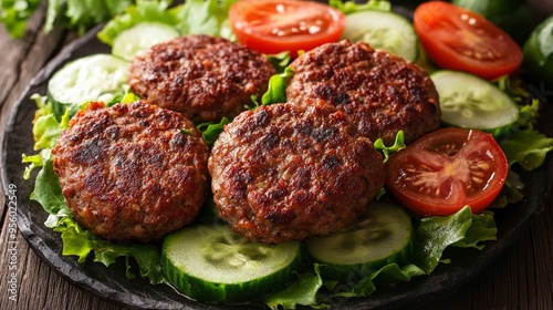 Spicy chapli kebabs served on a bed of lettuce with slices of tomatoes and cucumbers. photo