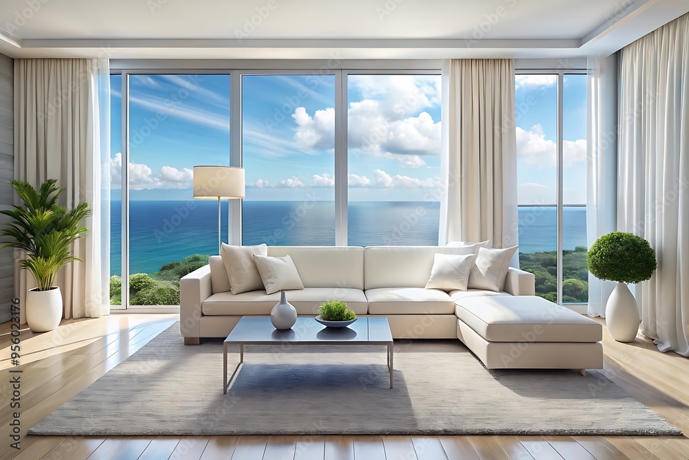 Fototapeta premium Minimalist luxury modern living room interior design, morning light, modern interior concept for use.