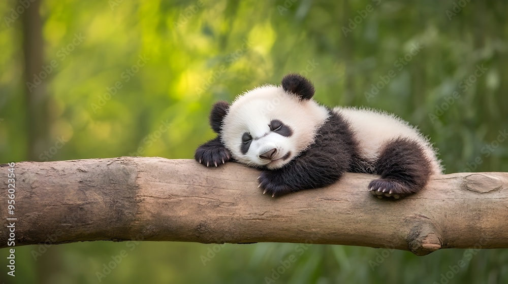 Fototapeta premium Sleeping Panda Cub Resting on Log in Tranquil Bamboo Forest Landscape