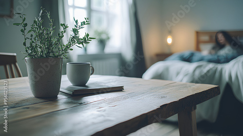 Close-up of minimalist table in Scandinavian-style bedroom with potted plant book and mug in soft light and serene atmosphere