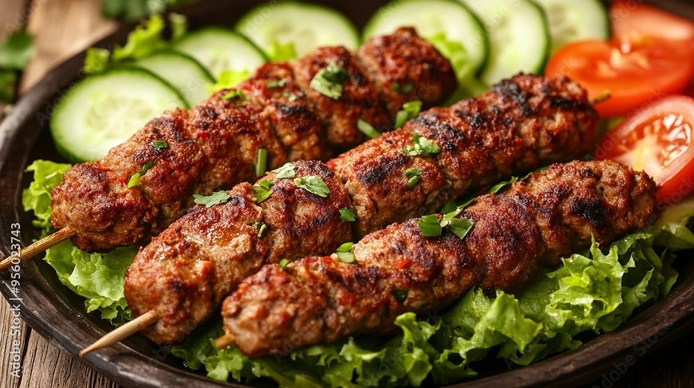 Spicy chapli kebabs served on a bed of lettuce with slices of tomatoes and cucumbers. Spicy chapli kebabs served on a bed of lettuce with slices of tomatoes and cucumbers.