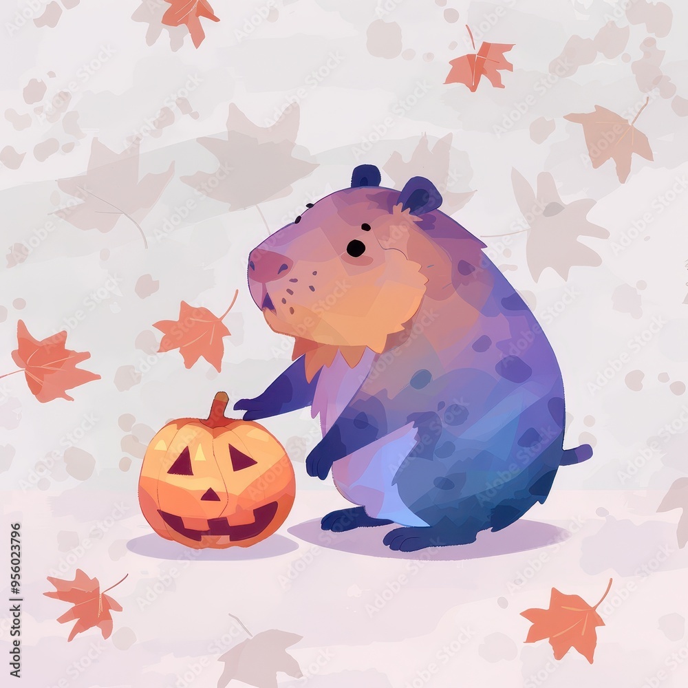 Fototapeta premium A whimsical illustration of a cute animal with a pumpkin, surrounded by autumn leaves, perfect for seasonal designs.