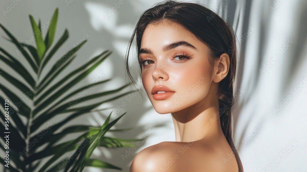Beautiful Woman with Natural Makeup and Palm Leaves in the Background Beautiful Woman with Natural Makeup and Palm Leaves in the Background