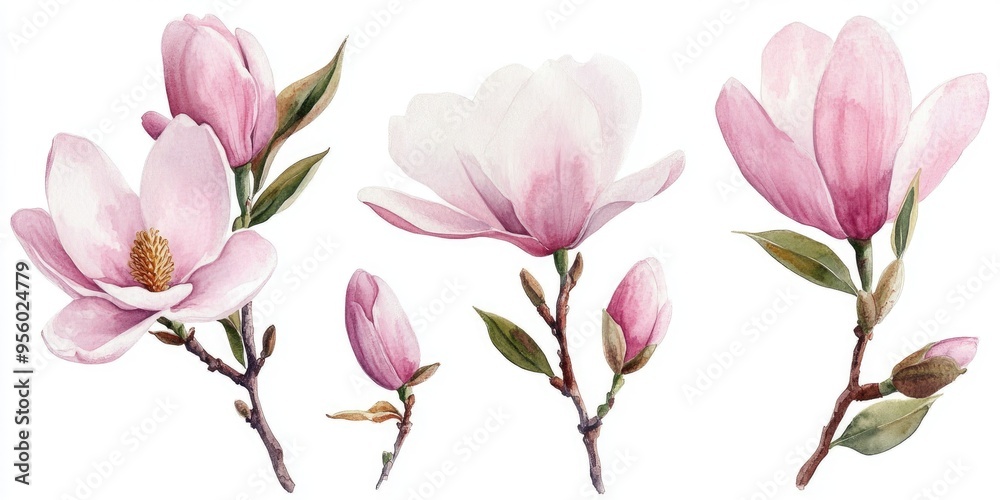 Watercolor Set of Pink Magnolia Flowers