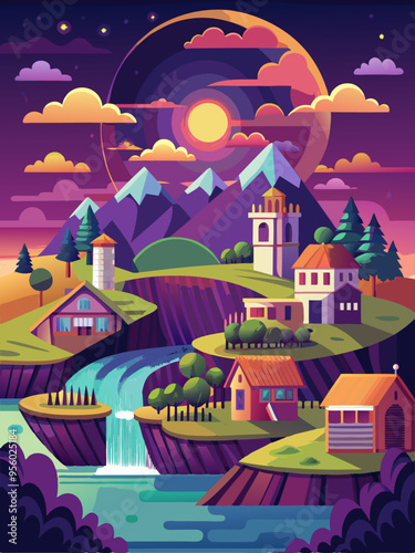 A Nighttime Village Landscape with a Waterfall and Mountains
