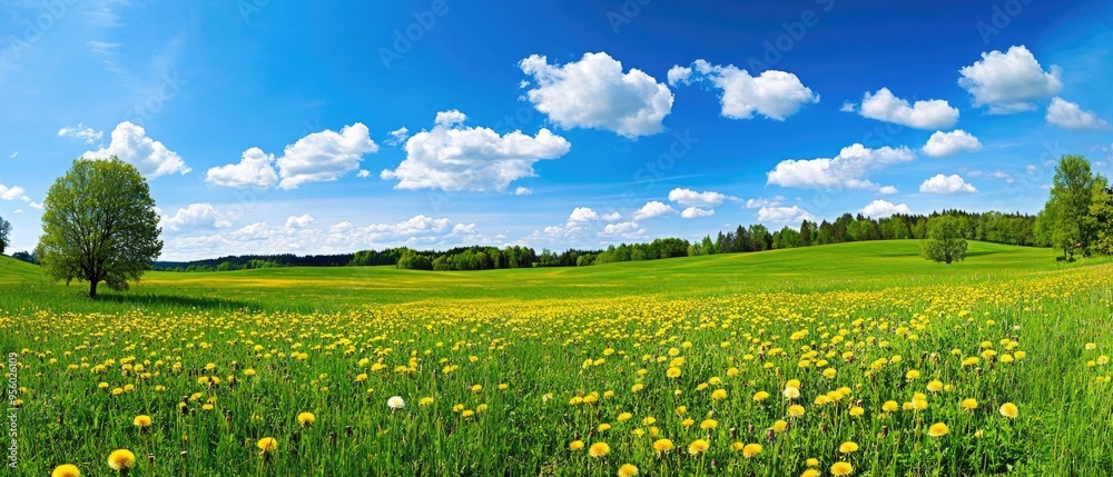 Fototapeta premium Field with dandelions and blue sky