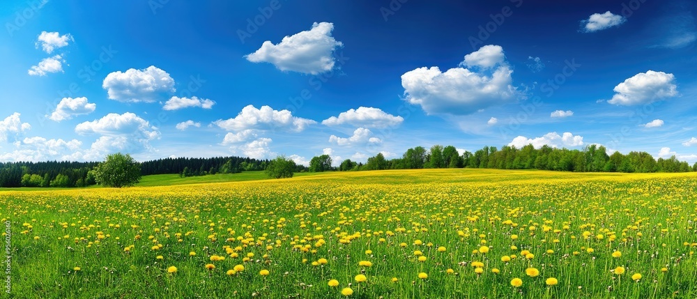 Fototapeta premium Field with dandelions and blue sky
