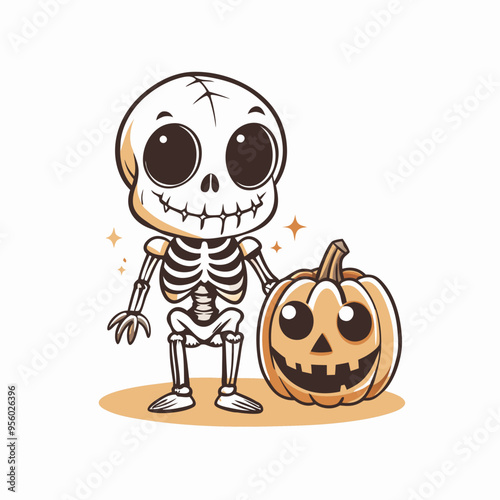 Adorable Cartoon Skeleton Hugging Jack-o'-lantern Against Starry Background