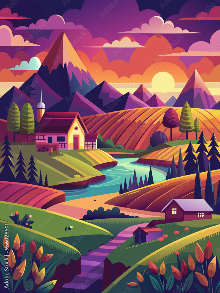 Picturesque Sunset Landscape with Houses, River, and Mountains Picturesque Sunset Landscape with Houses, River, and Mountains
