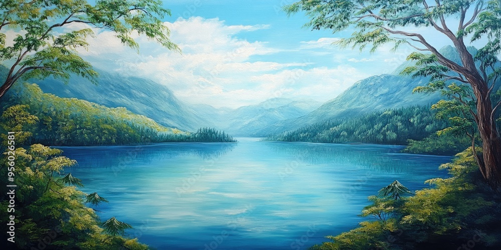 Oil painting depicting a serene lake surrounded by lush landscapes