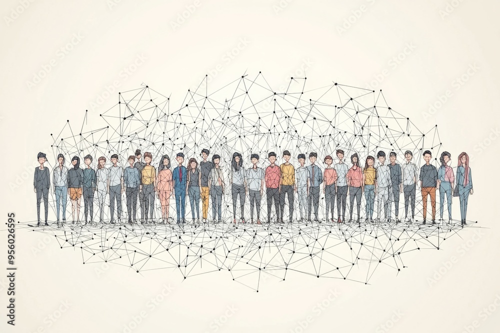 Naklejka premium Simple people shapes connected by lines created with Generative AI