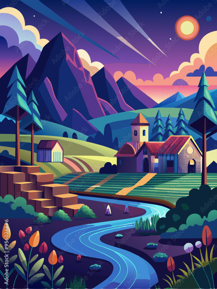 Serene Mountain Village with Winding River at Dusk Serene Mountain Village with Winding River at Dusk
