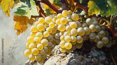 Close up oil painting of white grapes in a vineyard setting showcasing the intricacies of the fruit and foliage
