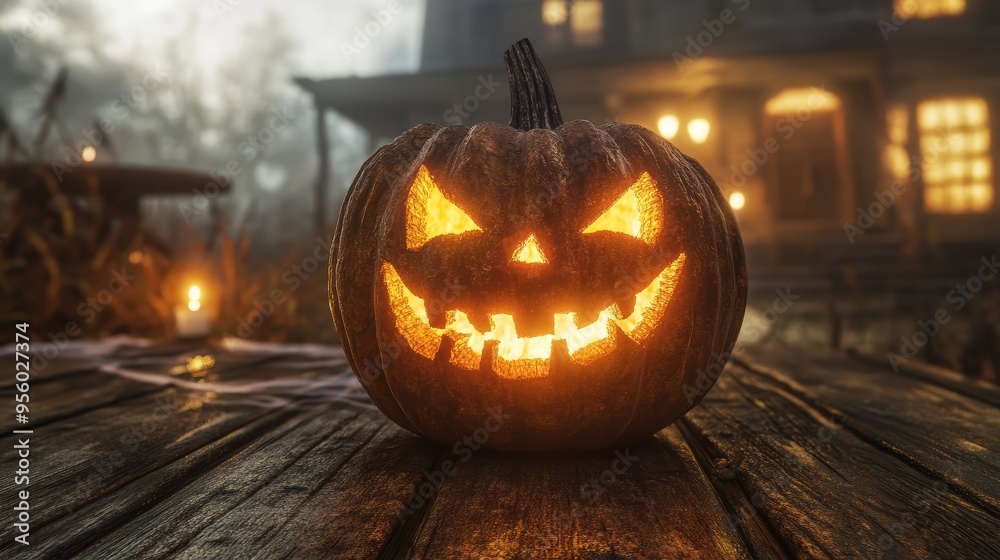 Fototapeta premium Glowing Jack o lantern on Rustic Wooden Table for Halloween