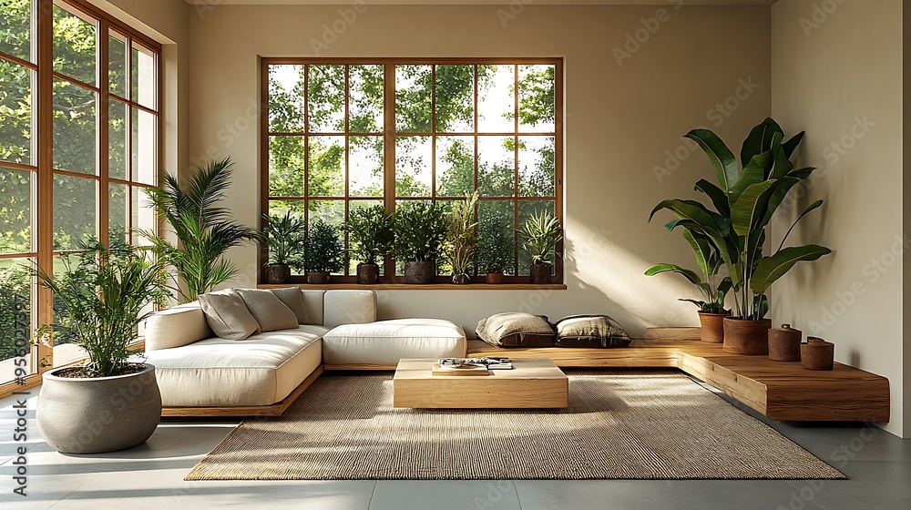 Minimalist Scandinavian living room, indoor plants adding greenery, sleek ceramic planters, light wood furniture, neutral color palette, large windows, fresh and inviting space, Minimalist Scandinavian living room, indoor plants adding greenery, sleek ceramic planters, light wood furniture, neutral color palette, large windows, fresh and inviting space,