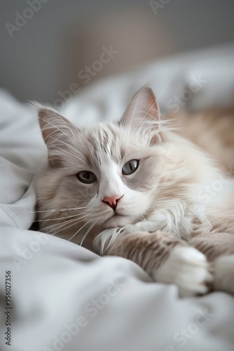 White Cat Relaxing on a Bed