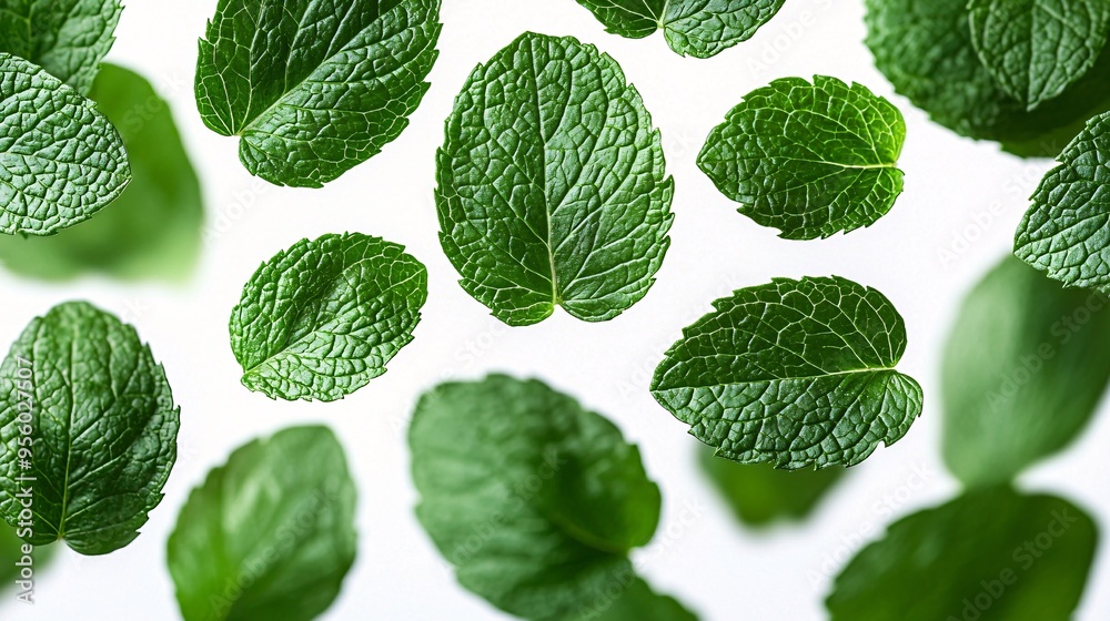 Fresh spearmint leaves falling gently through the air, each leaf captured in sharp detail, isolated against a clean white background. Fresh spearmint leaves falling gently through the air, each leaf captured in sharp detail, isolated against a clean white background.