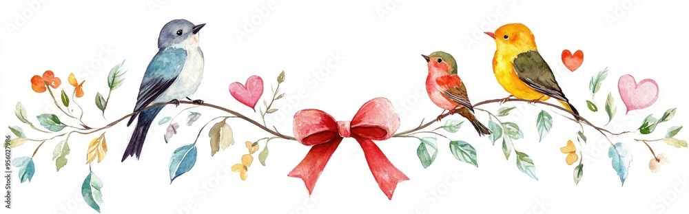 Obraz premium Watercolor wreath featuring birds and a bow isolated on a white background Illustrated birds and hearts suitable for gift card and invitation designs